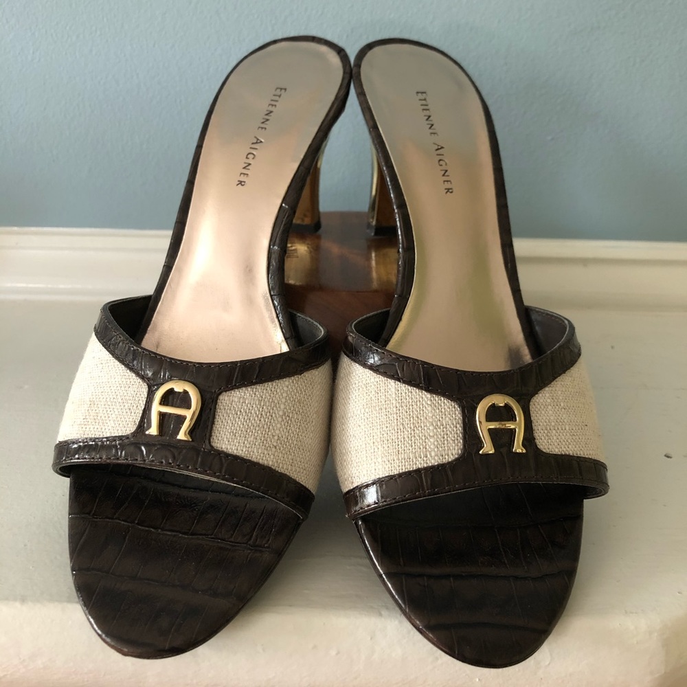 Etienne Aigner Leather & Linen Slides w/ Gold Trim - Picture 4 of 12